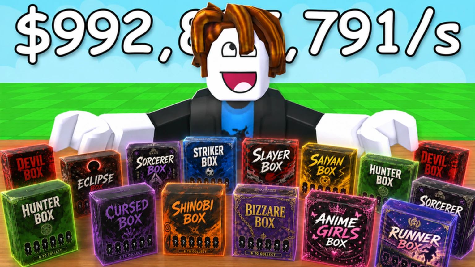 Official Anime Box Farm scene showing a fighter beside a lineup of boxes